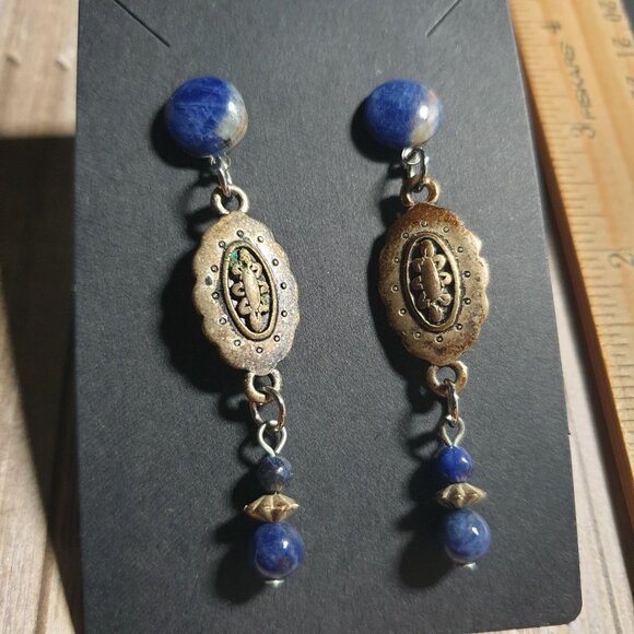 Vintage Gemstone Drop Earrings Gold Tone Sodalite Stone Post Backings Dangle - Picture 3 of 4